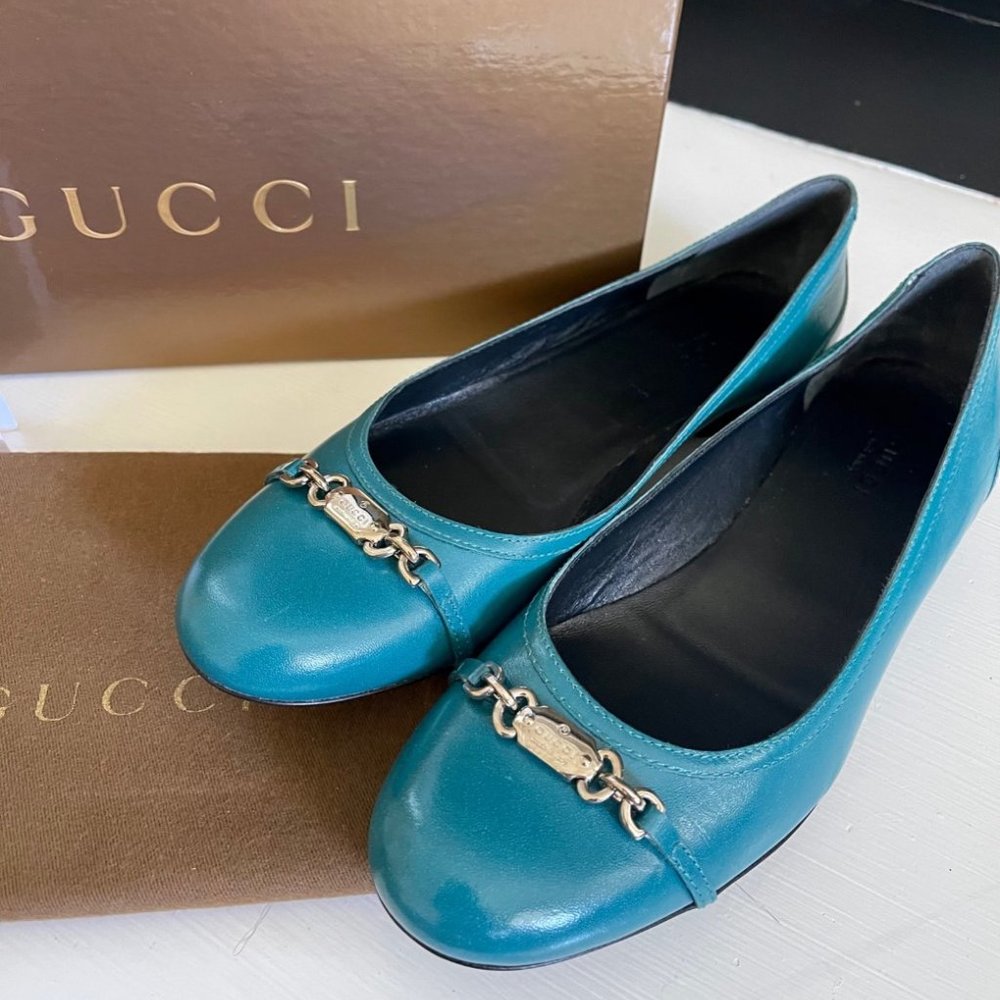 Brand New GUCCI Flats SHOES Bag Box AUTHENTIC turquoise LEATHERT Italy size 38 - Picture 5 of 6